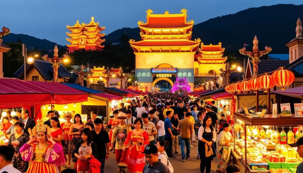 A lively and vibrant scene of Pingtung County's diverse cultural festivals. In the foreground, a colorful parade with traditional costumed performers, dancers, and musicians animates the streets. In the middle ground, stalls selling local delicacies, handicrafts, and festival trinkets line the bustling marketplace. In the background, iconic Taiwanese architectural landmarks frame the festive atmosphere, illuminated by warm, golden lighting that evokes a sense of joy and community. The overall mood is one of celebration, cultural richness, and an immersive experience of Pingtung's unique heritage.