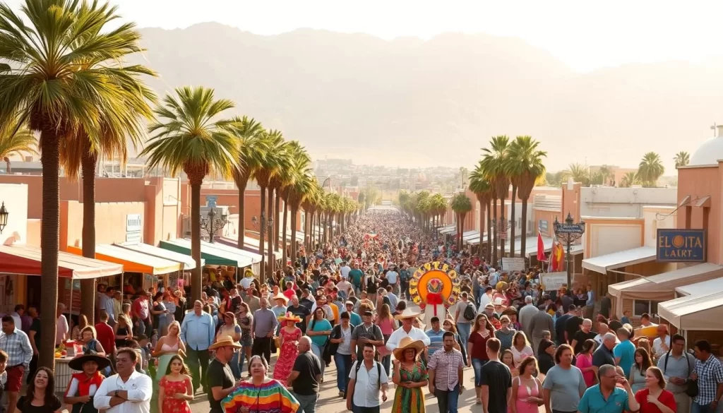 A lively and vibrant scene of the annual El Paso Festival, set against the backdrop of the rugged Franklin Mountains. In the foreground, a colorful parade winds through the streets, with lively musicians and dancers in traditional costumes. In the middle ground, crowds of people gather around food stalls and craft vendors, their faces alight with excitement. The background is filled with the distinctive adobe architecture and towering palm trees that define the city's unique aesthetic. Warm, golden sunlight bathes the entire scene, creating a festive and welcoming atmosphere. The image captures the spirit of community, tradition, and celebration that makes the El Paso Festival a must-see event for visitors to the region.