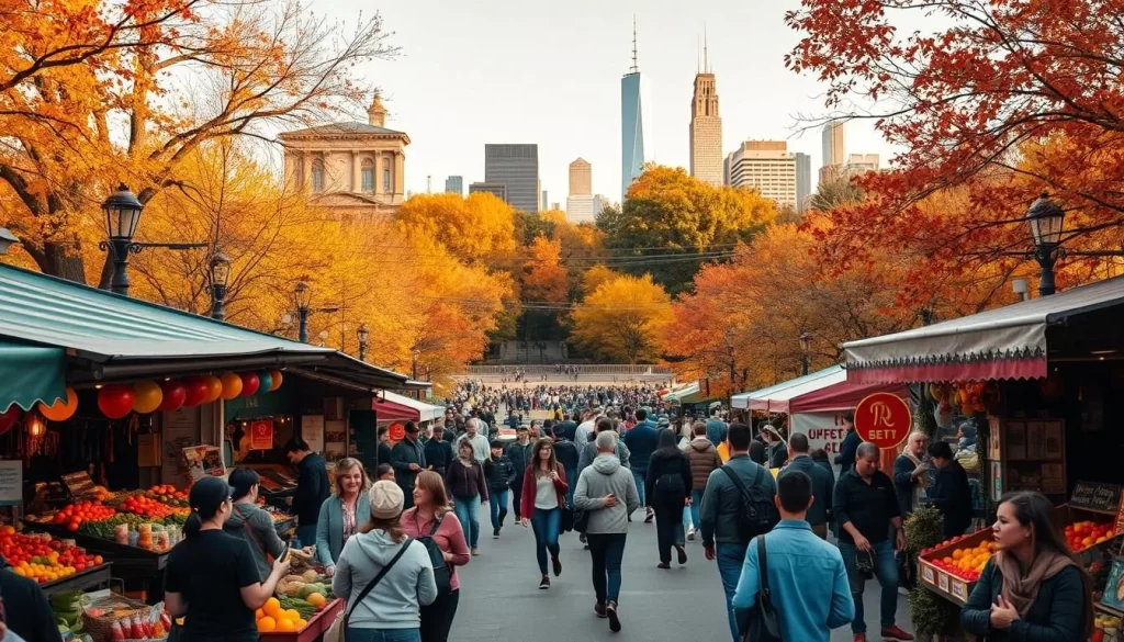 A lively autumn scene in New York City, showcasing the vibrant seasonal festivals that captivate locals and visitors alike. In the foreground, a bustling street market overflows with colorful produce, handcrafted wares, and delectable street food. In the middle ground, people stroll through a picturesque park, taking in the changing foliage and the energetic atmosphere of a harvest festival, complete with live music and traditional dance performances. In the background, the iconic skyline of Manhattan rises, bathed in warm, golden light that casts a cozy, inviting glow over the entire scene. The overall mood is one of celebration, community, and the joy of experiencing the beauty and cultural richness of New York during its most picturesque time of year.