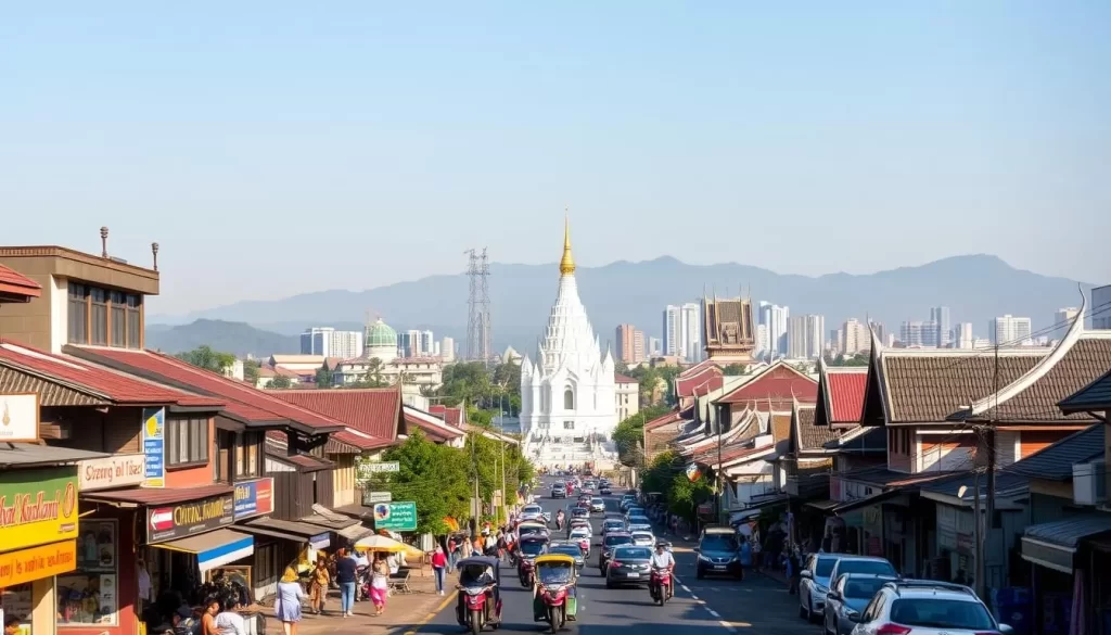 A lively cityscape of Chiang Rai, Thailand, on a warm, sunny day. In the foreground, bustling streets lined with vibrant storefronts, local vendors, and the occasional tuk-tuk weaving through traffic. The middle ground features the iconic White Temple, its intricate architecture gleaming in the soft, golden light. Surrounding the temple, the city's skyline rises, a blend of traditional Thai roofs and modern high-rises. In the distance, the majestic Doi Tung mountain range provides a stunning natural backdrop, its peaks bathed in a soft haze. The overall scene exudes a sense of energy and charm, capturing the essence of Chiang Rai's captivating urban landscape.