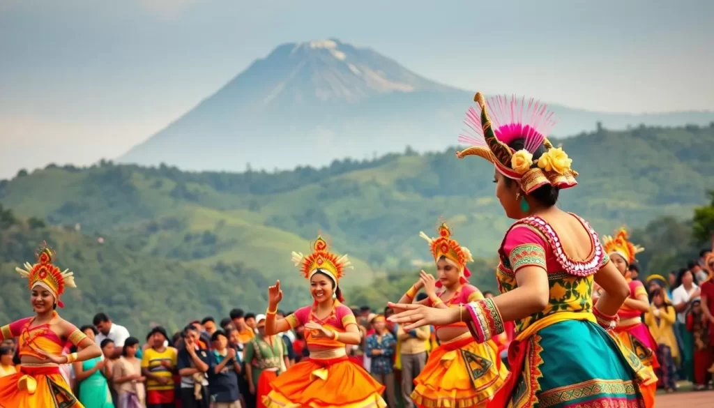 A lively, colorful celebration of Manipur's diverse cultural festivals throughout the year. In the foreground, vibrant dancers in traditional attire perform an energetic routine, with ornate headpieces and intricate costumes. In the middle ground, a crowd of spectators eagerly watch the festivities, their faces alight with joy. The background showcases the verdant, hilly landscape of Manipur, with the towering Mt. Isori in the distance. The scene is bathed in warm, golden lighting, creating a sense of warmth and festivity. The overall atmosphere is one of joyous celebration, showcasing the rich tapestry of Manipur's cultural heritage.