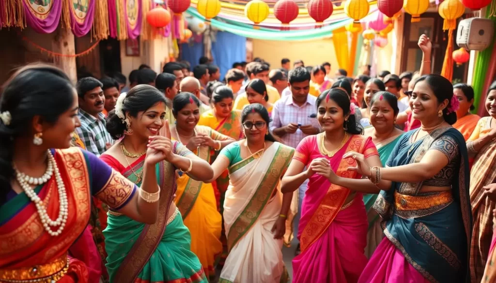 A lively community celebration in Puducherry, India, with vibrant colors, traditional attire, and joyful expressions. In the foreground, a group of dancers perform graceful, choreographed moves, their intricate costumes and ornaments sparkling in the warm, natural lighting. In the middle ground, families and friends gather, sharing food, music, and laughter, creating a sense of togetherness and shared tradition. The background features colorful decorations, such as banners, streamers, and lanterns, adding to the festive atmosphere. The overall scene conveys a sense of cultural richness, community spirit, and a deep connection to local heritage.