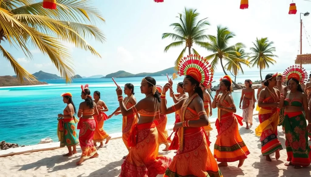 A lively cultural festival in Lakshadweep, India, with traditional dancers adorned in vibrant costumes swaying to the rhythmic beats of indigenous music. Intricate handcrafted decorations adorn the festive scene, creating a feast for the senses. In the background, picturesque island landscapes provide a stunning natural backdrop, with gently swaying palm trees and a serene turquoise lagoon. The warm tropical sunlight bathes the entire scene in a soft, golden glow, infusing the atmosphere with a sense of celebration and cultural pride.