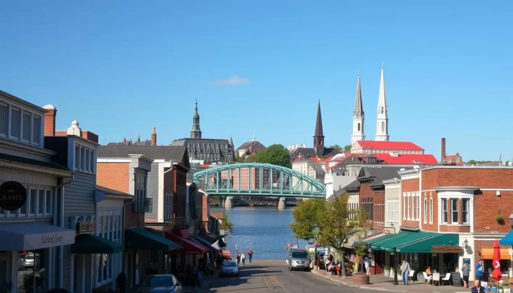 A lively downtown scene in Mystic, Connecticut on a sunny day. In the foreground, quaint shops and restaurants line the streets, their colorful facades and inviting storefronts beckoning passersby. In the middle ground, the iconic Mystic River Bridge arches gracefully over the water, its picturesque design reflecting in the calm surface. In the background, historic buildings and church steeples rise amidst a vibrant mix of modern and historic architecture, creating a charming and picturesque atmosphere. Warm, natural lighting illuminates the scene, casting a welcoming glow over the entire downtown area. The overall composition captures the distinctive character and allure of Mystic, Connecticut's enchanting downtown.