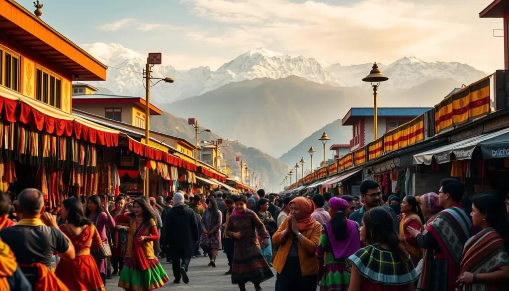A lively festival scene in Sikkim, India during a vibrant celebration. In the foreground, colorfully dressed people dance and perform traditional rituals, their movements captured by a wide-angle lens. The middle ground features bustling market stalls, their vibrant fabrics and handicrafts drawing the eye. In the background, snow-capped Himalayan peaks rise majestically, bathed in warm, golden afternoon light. The overall atmosphere is one of joy, community, and a deep connection to the region's rich cultural heritage.