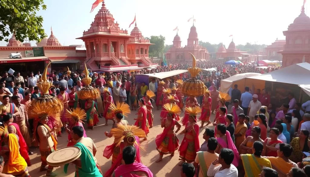 A lively festival scene in the heart of Bastar, Chhattisgarh. Vibrant crowds gather under the bright sun, adorned in colorful traditional attire. In the foreground, tribal dancers perform energetic routines, their intricate costumes and headdresses swaying to the rhythm of drums and music. In the middle ground, stalls offer an array of handcrafted goods, from woven baskets to wooden carvings. In the background, ornate temples and structures stand as a testament to the rich cultural heritage of the region. The atmosphere is one of joyous celebration, immersing the viewer in the vibrant traditions of the Bastar Dussehra festival.