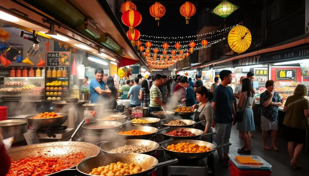 A lively night market in Pingtung, Taiwan, with vibrant stalls showcasing an array of local culinary delights. In the foreground, sizzling woks emit aromas of fragrant spices and sauces, while vendors skillfully prepare bite-sized morsels. The middle ground is a bustling scene of families and groups enjoying the festive atmosphere, sampling regional specialties like grilled seafood, steaming hot pots, and delectable fruit desserts. In the background, colorful lanterns and twinkling lights create a warm, inviting ambiance, capturing the essence of Pingtung's vibrant food culture during its lively festivals.
