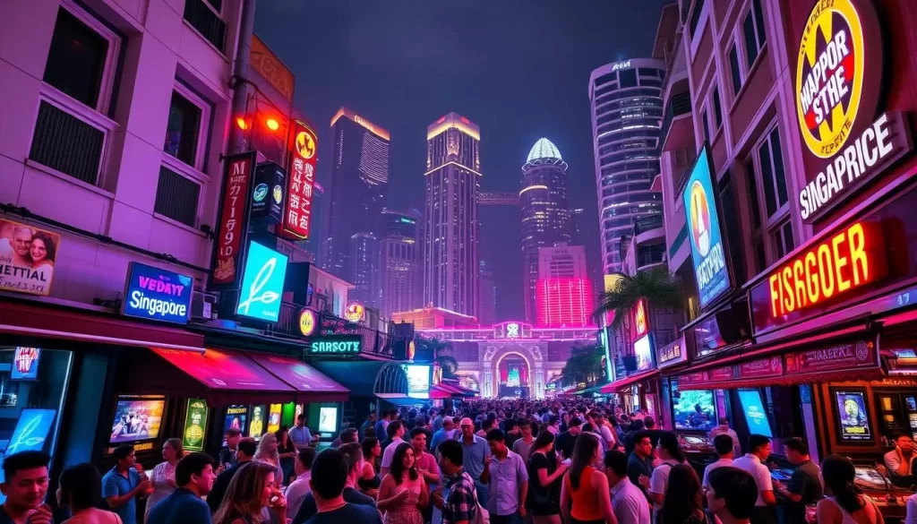A lively night scene in the heart of Singapore's vibrant nightlife district. Neon-lit bars and clubs line the streets, their colorful facades casting a warm glow on the bustling crowds. Patrons spill out onto the sidewalks, sipping cocktails and laughing as live music and chatter fill the air. In the background, towering skyscrapers and luxurious high-rises create a striking skyline, accentuated by the soft diffused light of the night. The atmosphere is electric, capturing the energy and excitement of Singapore's nightlife.