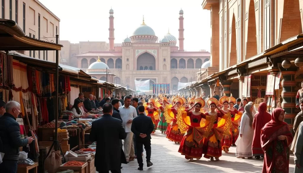 A lively open-air marketplace in a Central Asian city, bustling with locals and visitors browsing handcrafted goods, vibrant textiles, and fragrant spices. In the foreground, artisans skillfully demonstrate traditional weaving and metalworking techniques. The middle ground features a colorful parade of dancers in ornate costumes, performing a celebratory cultural dance. In the background, towering ancient buildings and domes reflect the architectural heritage of the region, bathed in warm afternoon light. An atmosphere of cultural exchange, tradition, and festive energy pervades the scene.