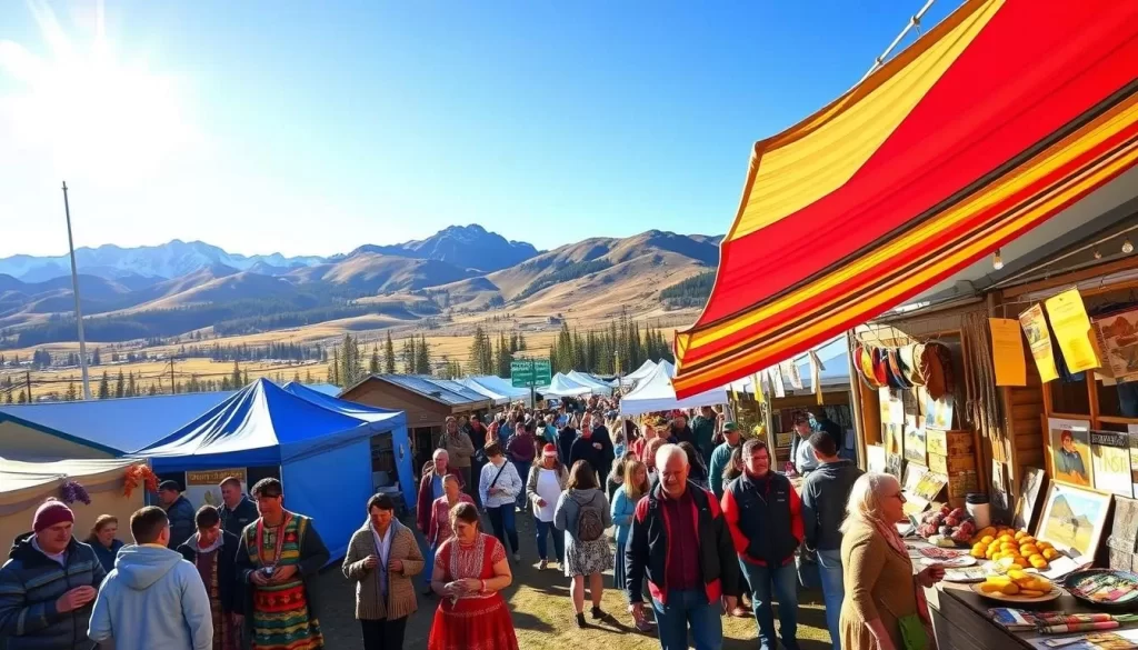 A lively outdoor festival in Alaskan wilderness, with snow-capped mountains in the background. In the foreground, colorfully dressed locals and tourists mingle amidst booths selling traditional crafts, artwork, and delicious Alaskan cuisine. Tents and stalls are adorned with vibrant fabrics, creating a festive atmosphere. The sun shines brightly, casting a warm glow over the scene. Lively music and the chatter of the crowd fill the air, evoking the spirit of a joyful cultural celebration. A wide-angle lens captures the bustling energy and stunning natural backdrop of this unique Alaskan festival.