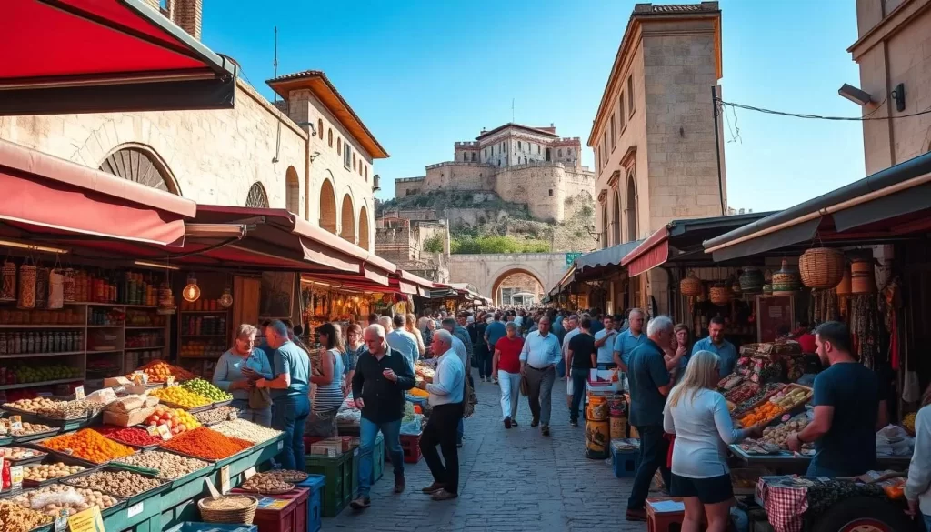 A lively outdoor marketplace in Sanliurfa, Turkey, bustling with activity. Vibrant stalls brimming with colorful local produce, spices, and handicrafts. Friendly vendors engaging with shoppers, negotiating prices amidst the lively chatter. Sunlight filters through the canopies, casting a warm glow over the scene. Narrow cobblestone paths wind through the bustling crowds, leading to towering antique archways. In the distance, the majestic Sanliurfa Castle rises, overlooking the historic city. Capture the essence of local life, the sights, sounds, and aromas of this enchanting marketplace.