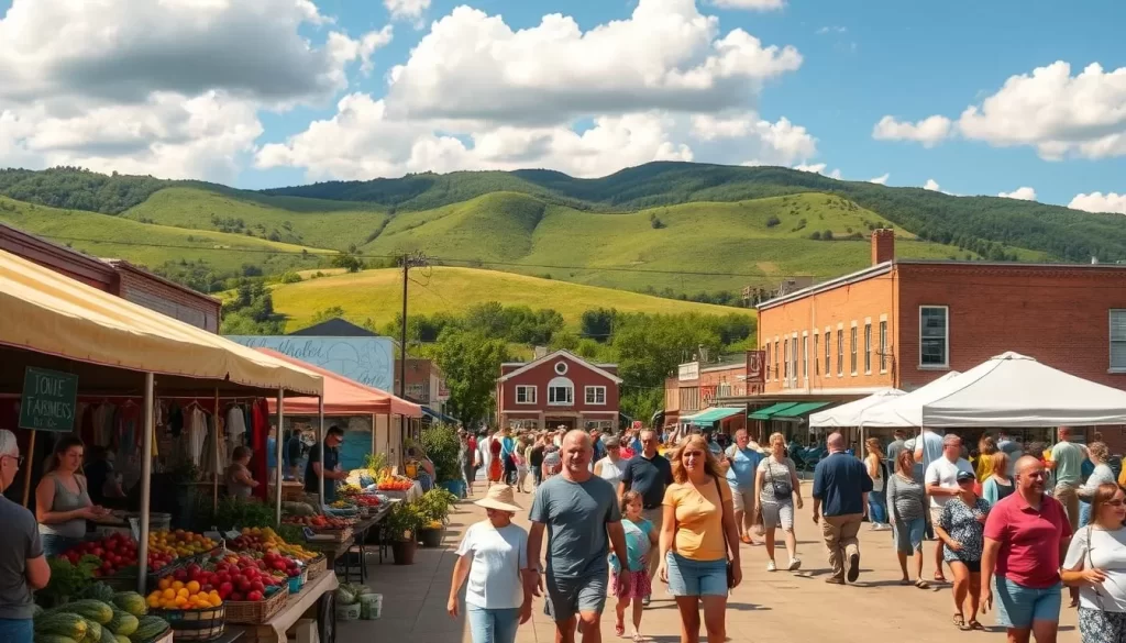A lively outdoor scene in Cookeville, Tennessee on a sunny day. In the foreground, a bustling farmers market with colorful produce and artisanal crafts. In the middle ground, families strolling through a vibrant town square, stopping to admire local murals and street performers. In the background, the rolling green hills of the Cumberland Plateau provide a picturesque natural backdrop. Warm, golden sunlight filters through fluffy white clouds, creating a welcoming and joyful atmosphere. Capture the energy and charm of Cookeville's best events and festivities.