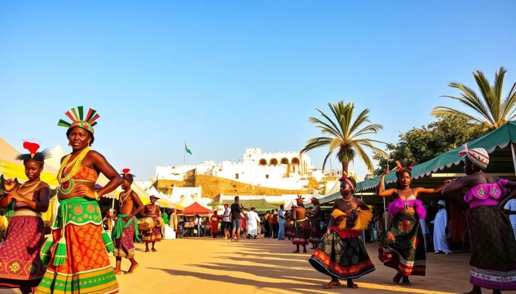 A lively scene at the Lamu Cultural Festival in Kenya. In the foreground, vibrant traditional dancers in ornate costumes perform to the rhythm of drums and chants. Colorful tents and stalls line the middle ground, offering handcrafted wares and local delicacies. In the background, the historic Lamu Old Town emerges, its white-washed buildings and ancient architecture bathed in warm, golden light. A perfect summer day, with a clear blue sky and gentle sea breeze. Capture the energy, culture, and timeless atmosphere of this authentic Swahili celebration.