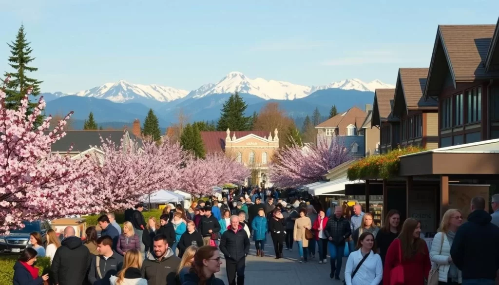 A lively scene of Bellevue, Washington in the heart of the Pacific Northwest, showcasing its vibrant seasonal events. Capture the bustling crowds strolling through a charming town square, surrounded by blooming cherry blossoms and lively vendors selling local crafts and delicacies. In the background, glimpse the majestic Cascade Mountains, their snow-capped peaks basking in the soft, golden light of the sun. The atmosphere is filled with the aroma of freshly brewed coffee and the cheerful chatter of people enjoying the beautiful weather. A sense of community and celebration permeates the air, reflecting the true spirit of Bellevue's seasonal festivities.