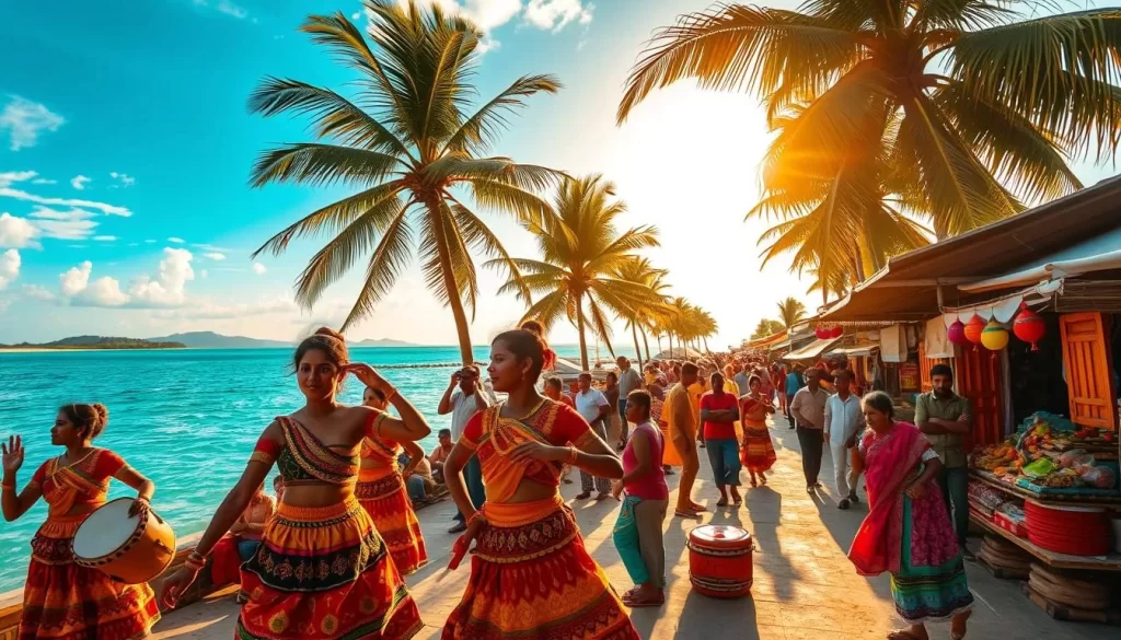 A lively scene of Lakshadweep's vibrant cultural festivals, captured under the warm, golden glow of the sun. In the foreground, traditional dancers in colorful, intricately patterned costumes sway to the rhythm of drums and chanting, their movements graceful and captivating. In the middle ground, a bustling marketplace filled with vendors selling fragrant spices, handcrafted textiles, and local delicacies. The background showcases the stunning natural beauty of Lakshadweep, with swaying palm trees, crystal-clear turquoise waters, and a vibrant, azure sky. The overall atmosphere is one of joyous celebration, showcasing the rich cultural heritage and traditions that make Lakshadweep a truly unique and enchanting destination.