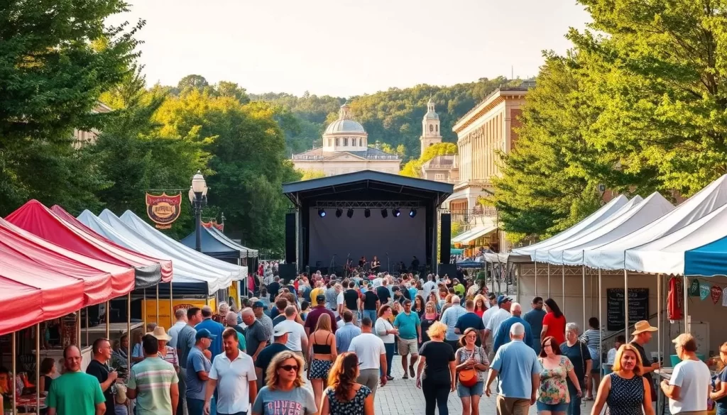 A lively scene of North Carolina's vibrant festival culture. In the foreground, colorful tents and food stalls line a bustling street, with people milling about, sampling local cuisine and browsing handcrafted wares. In the middle ground, a stage stands ready for a live music performance, with the crowd gathering excitedly. In the background, historic buildings and lush greenery provide a picturesque setting, bathed in warm, golden afternoon light. The atmosphere is one of celebration, community, and the joy of shared experiences that make North Carolina's festivals so special.