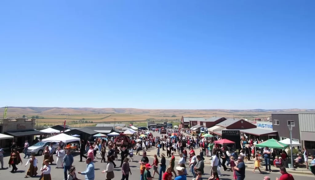 A lively scene of South Dakota's vibrant festival culture. In the foreground, a colorful parade with marching bands, dancers in traditional attire, and festive floats. In the middle ground, a bustling town square filled with food stalls, craft vendors, and people enjoying live music under a bright, sunny sky. In the background, rolling hills and a clear blue horizon, capturing the wide-open spaces that define the state's natural beauty. The atmosphere is one of celebration, community, and a deep appreciation for the state's unique heritage and traditions.