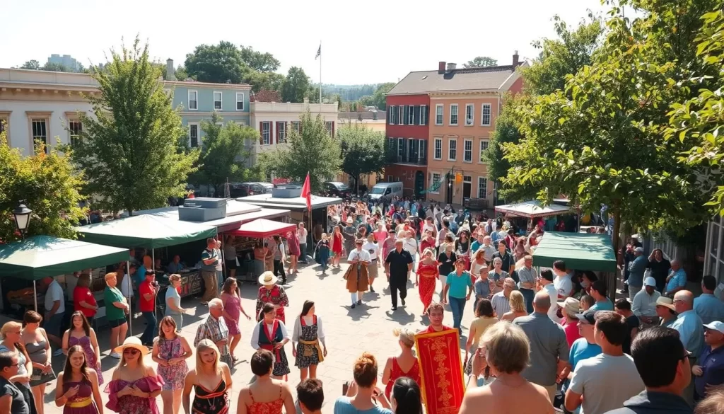 A lively scene of Washington's vibrant festivals unfolds, with people gathered in a sun-dappled town square. In the foreground, a colorful parade winds through the streets, its participants adorned in traditional costumes and carrying vibrant banners. In the middle ground, food stalls and vendors offer a tantalizing array of local delicacies, while live music and laughter fill the air. In the background, historic buildings and lush greenery frame the festive atmosphere, creating a sense of timeless charm. The lighting is soft and natural, casting a warm glow over the entire scene, and the camera angle captures the energy and excitement of the festival with a wide, panoramic view.