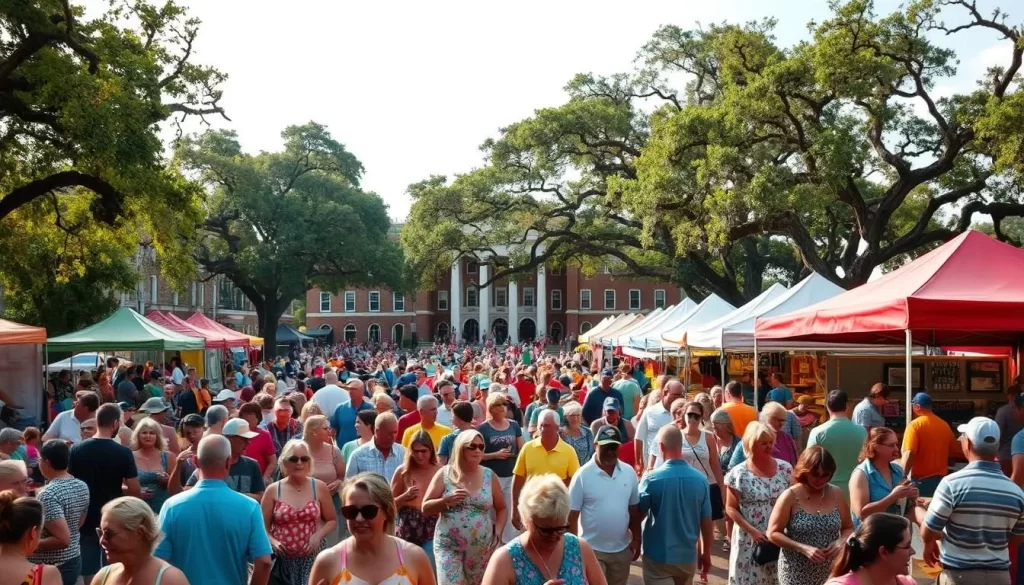 A lively scene of a Mississippi summer festival, bustling with energy and vibrant colors. In the foreground, a crowd of people excitedly mingle, sampling local delicacies and rhythmically moving to the beat of live music. Colorful tents and stalls line the middle ground, offering a diverse array of crafts, artwork, and regional specialties. In the background, a historic town square is framed by stately oak trees, their branches casting a warm, dappled light across the festivities. The air is filled with the aroma of barbecue, the laughter of children, and the energetic hum of a community celebrating its rich cultural heritage.