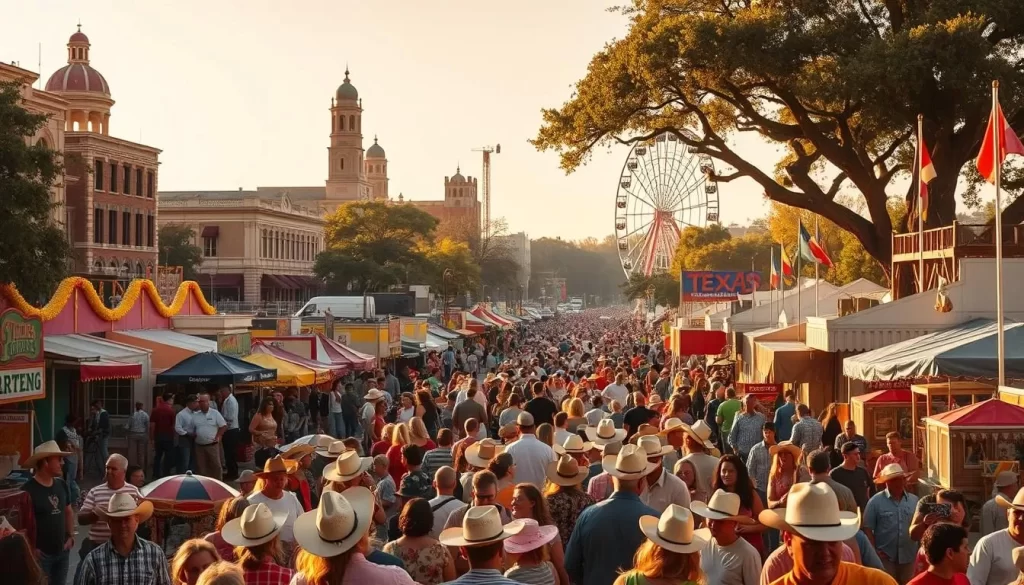 A lively scene of a Texas festival, bustling with vibrant energy. In the foreground, a crowd of revelers in cowboy hats, boots, and vibrant Western wear mingles among colorful food stalls and live music stages. In the middle ground, towering carnival rides and a ferris wheel stand against a backdrop of historic buildings and live oak trees. Warm, golden sunlight filters through the scene, casting a cheerful glow and highlighting the celebratory atmosphere. The overall mood is one of infectious joy, cultural pride, and a sense of community coming together to embrace the unique festival culture of the Lone Star State.