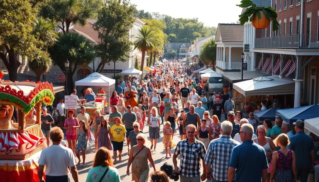 A lively scene of family-friendly festivals in South Carolina, captured on a sun-dappled day. In the foreground, a colorful parade with festive floats, dancers, and musicians fills the streets. In the middle ground, crowds of people stroll through bustling vendor stalls, sampling local cuisine and browsing handcrafted goods. In the background, historic buildings and Southern-style architecture provide a charming backdrop, accentuated by the warm, golden light of the afternoon sun. The atmosphere is one of joy, community, and celebration, inviting the viewer to immerse themselves in the vibrant, family-oriented festivities of South Carolina.