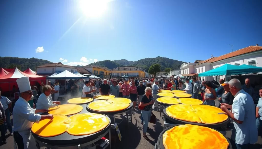 A lively scene of the Giant Omelette Festival in Par Fayard, New Caledonia. A bustling town square is filled with colorful tents and stalls, where chefs in crisp white uniforms skillfully prepare massive, golden-yellow omelettes on large flat griddles. Townsfolk and visitors mingle, chatting and laughing as they sample the delectable dishes. Sunlight pours in through a clear blue sky, casting a warm, inviting glow over the festivities. In the background, quaint colonial-style buildings and lush, verdant hills provide a picturesque backdrop, completing the idyllic culinary celebration.