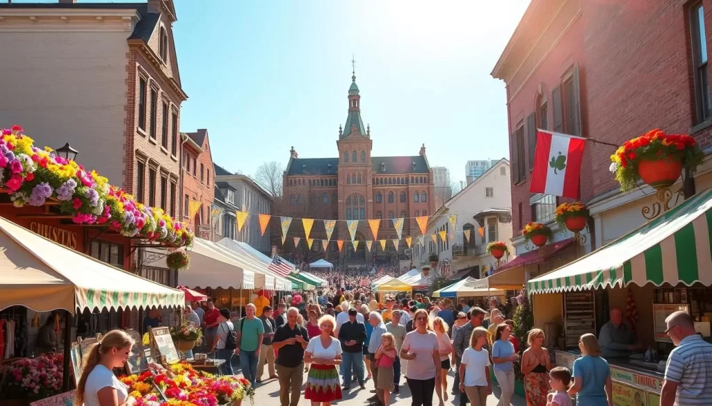 A lively spring festival in a charming Pennsylvania town, with vibrant floral displays, colorful banners, and a crowd of joyful attendees. The scene is bathed in warm, golden sunshine, casting a cheerful glow over the festivities. In the foreground, local artisans showcase their handcrafted wares, while musicians perform lively tunes. The middle ground features food vendors offering tantalizing seasonal fare, and children playing games. In the background, historic architecture frames the event, creating a picturesque setting that captures the essence of Pennsylvania's vibrant spring festivals.
