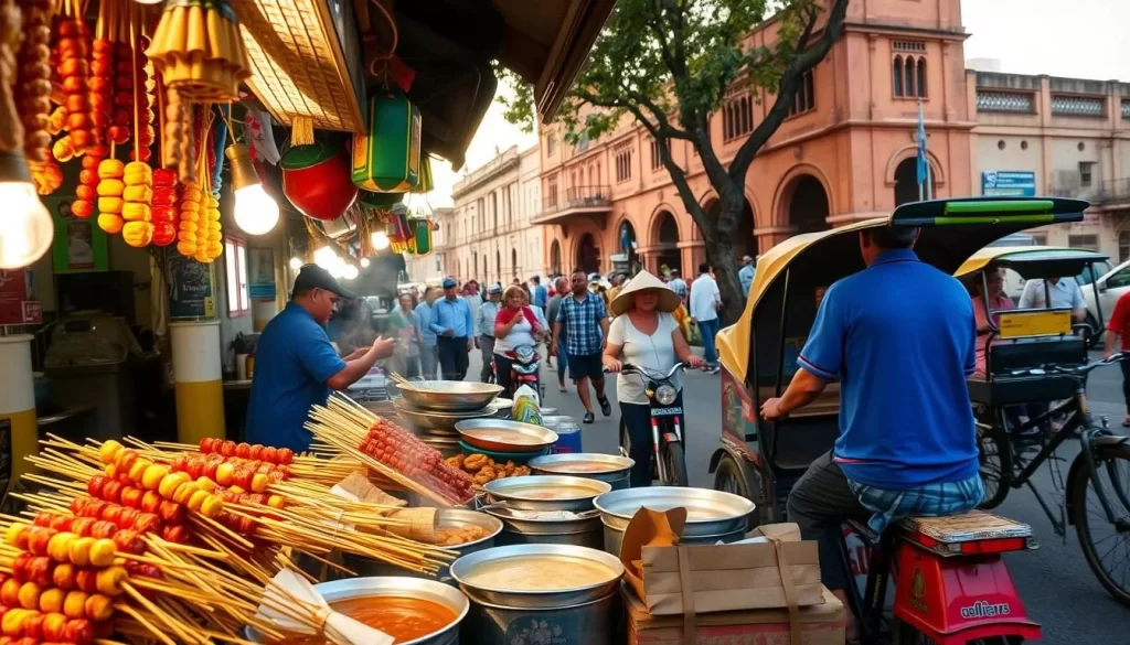 A lively street scene in Kuala Terengganu, Malaysia, capturing the vibrant hustle and bustle of the local food vendors. In the foreground, stalls brimming with colorful delicacies - skewered satay, steaming bowls of laksa, and sizzling roti canai. The middle ground showcases bustling pedestrians and rickshaw drivers, while the background features the distinctive architecture of the historic city, bathed in warm, golden light. Capture the energetic atmosphere, the aromas of spices and sizzling oil, and the inviting charm of this quintessential Malaysian street food experience.