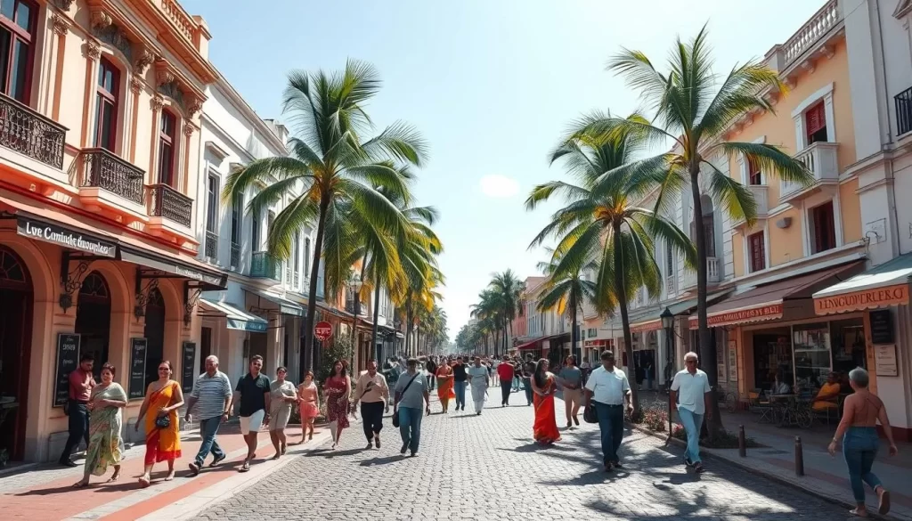 A lively street scene in Puducherry's vibrant colonial quarter, basked in warm sunlight. Quaint French-style buildings line the colorful promenade, their facades adorned with intricate architectural details. Pedestrians of diverse backgrounds stroll leisurely, capturing the city's multicultural spirit. Verdant palm trees sway gently in the breeze, casting playful shadows on the cobblestone pavement. Shops and cafes spill out onto the sidewalks, their awnings and signage reflecting the area's linguistic diversity. The atmosphere is one of cultural richness and harmonious coexistence, capturing the essence of Puducherry's unique linguistic landscape.