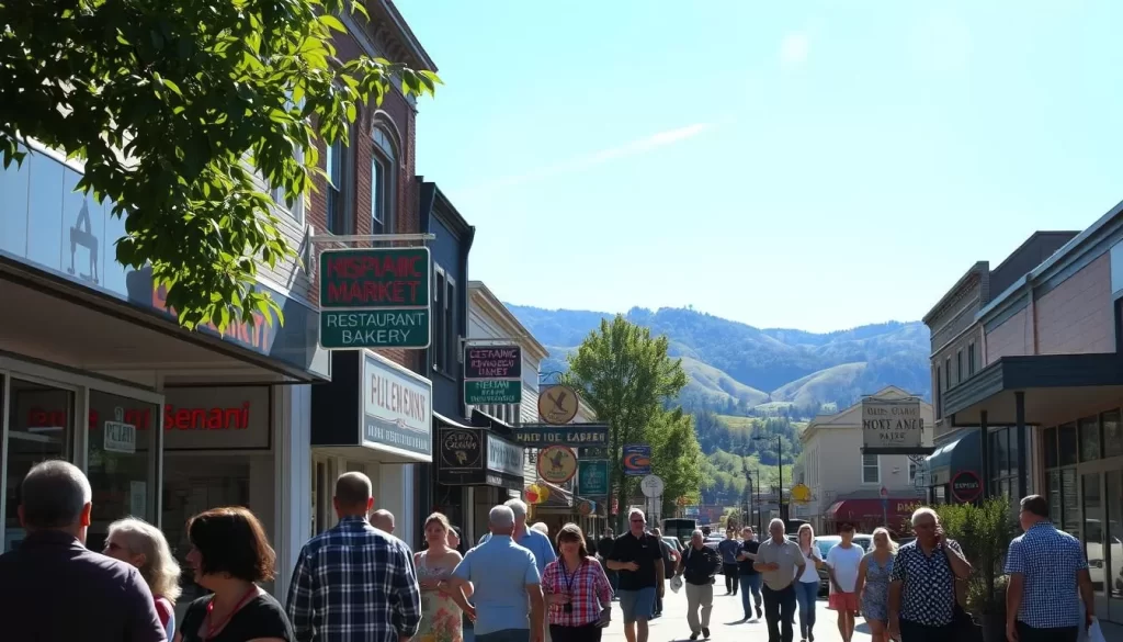 A lively street scene in a diverse West Virginia town, with storefronts and signs in multiple languages. Sunlight filters through the trees, casting a warm glow on the bustling sidewalk. In the foreground, people of different ethnicities converse animatedly. The middle ground features a mix of businesses - a Hispanic market, an Asian restaurant, and a Middle Eastern bakery. In the background, rolling hills and a clear blue sky create a picturesque, welcoming atmosphere. The image conveys the vibrant multilingual culture of this Appalachian state.