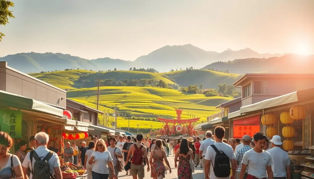 A lively summer scene in Niigata's countryside, bathed in warm sunlight. In the foreground, people stroll through vibrant local markets, browsing handcrafted goods and sampling fresh produce. In the middle ground, a traditional festival is in full swing, with colorful lanterns, dancers in ornate costumes, and the sound of taiko drums echoing. In the background, rolling green hills dotted with rice paddies and the iconic Echigo mountain range provide a majestic backdrop. Crisp, high-contrast lighting highlights the energy and joy of the summer festivities, creating an immersive and inviting atmosphere.