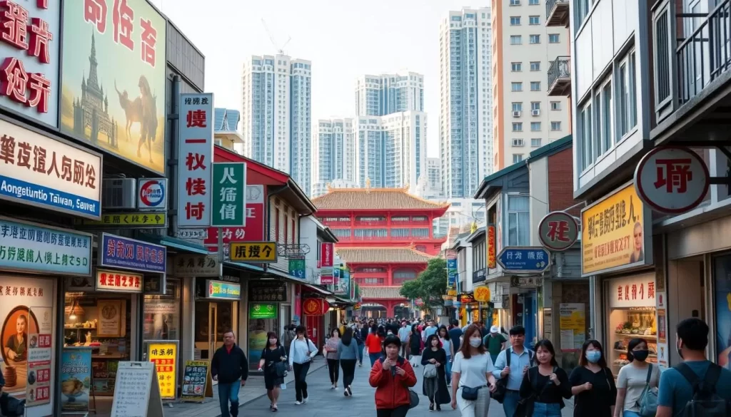A lively urban street in Changhua County, Taiwan, with vibrant storefronts and signage showcasing the linguistic diversity of the region. The foreground features a mix of Chinese, Taiwanese, and English text on shop facades, billboards, and street signs, reflecting the multilingual nature of the local community. The middle ground depicts pedestrians from diverse backgrounds, highlighting the cultural integration within the county. In the background, traditional Taiwanese architecture and modern high-rises create a harmonious blend, illuminated by warm, natural lighting that casts a welcoming ambiance. The scene conveys the dynamic and inclusive linguistic landscape of Changhua County.