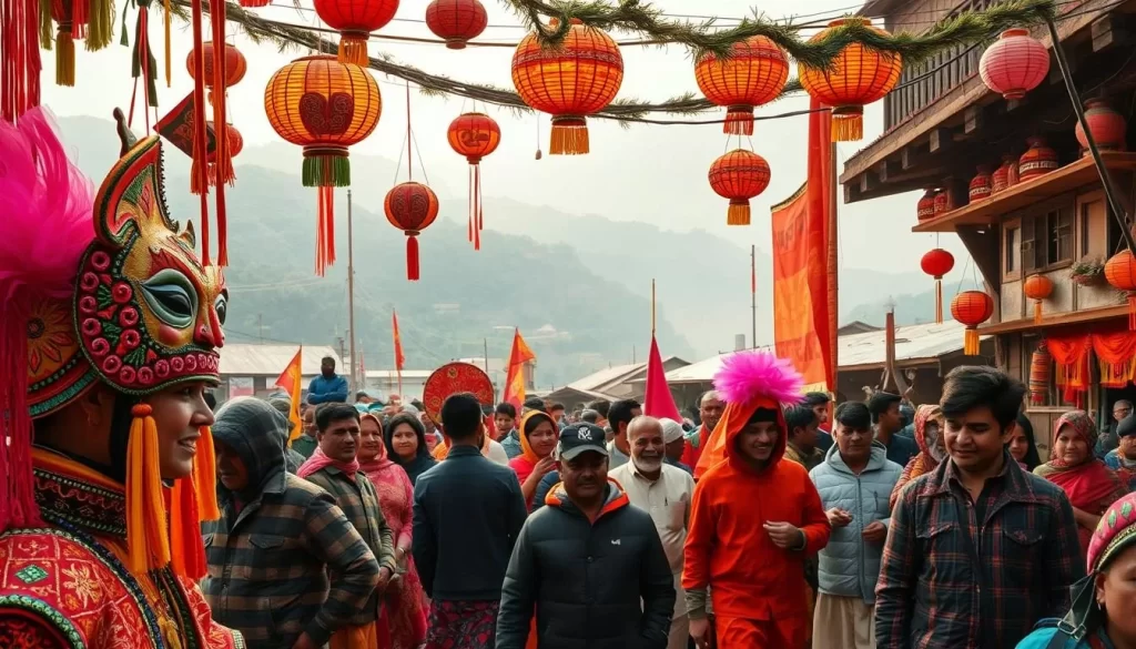 A lively winter festival scene in Assam, India, with colorful traditional costumes, vibrant decorations, and locals engaged in celebratory activities. Capture the energy of the event, showcasing ornate hand-crafted masks, intricately patterned textiles, and the joy of the crowd. Depict the festival amid a backdrop of verdant hills, hazy skies, and cozy, rustic architecture. Use warm, natural lighting to create a sense of inviting ambiance and highlight the cultural richness of the region during the winter months.