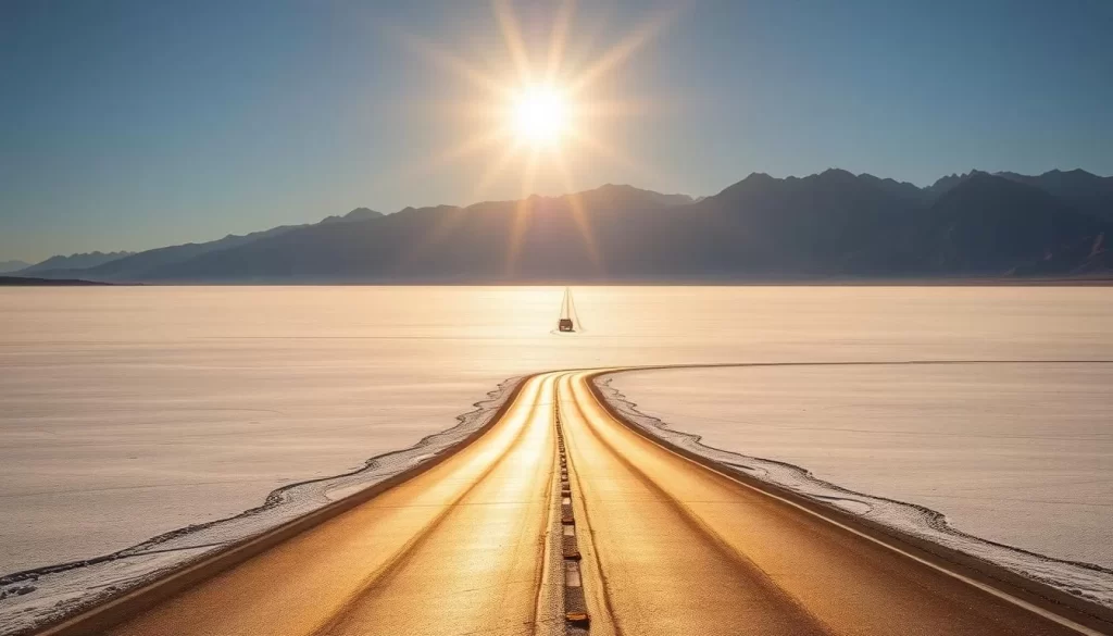 A long, winding road cuts through the vast, shimmering expanse of the Bonneville Salt Flats in Utah. The sun's golden rays bathe the pristine white salt in a warm, ethereal glow, casting long shadows across the smooth, unbroken surface. Towering mountains rise in the distance, their jagged peaks punctuating the serene, picturesque landscape. A well-maintained, two-lane highway snakes through the heart of this surreal, otherworldly setting, inviting travelers to embark on a scenic journey towards the iconic Bonneville Salt Flats. The scene evokes a sense of adventure, tranquility, and the awe-inspiring beauty of the American Southwest.