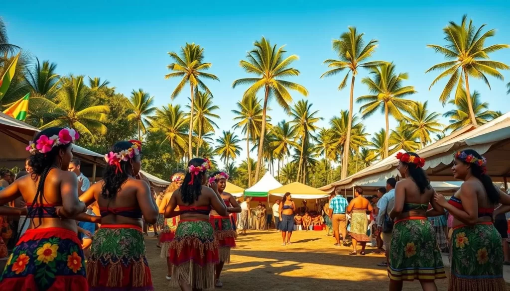 A lush Fijian village festival, bathed in warm afternoon sunlight. In the foreground, women in vibrant sulu skirts and flower crowns gracefully dance to the rhythmic beats of bamboo instruments. The middle ground showcases colorful tents and stalls offering traditional Fijian delicacies and handicrafts. In the background, towering palm trees sway gently, framing a clear blue sky. The atmosphere exudes a joyous, communal spirit, inviting onlookers to participate in the festivities with respect and appreciation for the local customs.