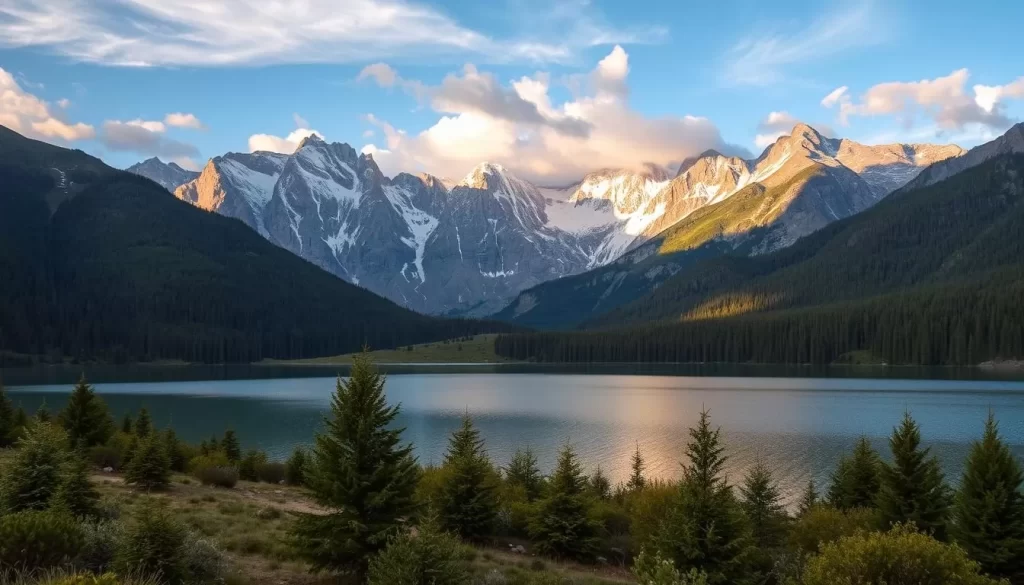 A lush alpine landscape in the Kaçkar Mountains, Turkey. In the foreground, a pristine glacial lake reflecting the towering peaks. Rugged, snow-capped mountains rise majestically in the background, bathed in warm, golden sunlight. Dense, evergreen forests line the slopes, creating a sense of serene tranquility. Wispy clouds drift overhead, casting gentle shadows across the scene. A tranquil, nature-filled paradise waiting to be discovered.