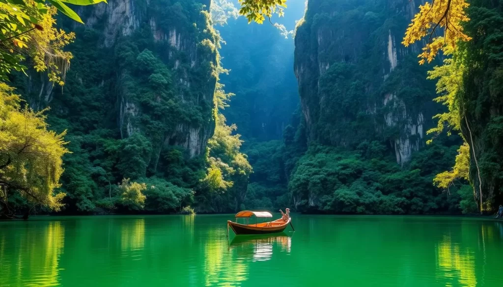 A lush, ancient rainforest envelops a serene, crystal-clear lake in Khao Sok National Park, Thailand. Towering limestone cliffs rise majestically from the water's edge, their rugged edges softened by cascading vines and moss-covered trees. Dappled sunlight filters through the dense canopy, casting a warm, golden glow over the tranquil scene. In the foreground, a small wooden boat drifts peacefully, its reflection mirrored on the still surface. Exotic birds call out from the foliage, adding to the sense of being immersed in a timeless, untouched paradise. This is a place of profound natural beauty, where ancient rainforests and towering karst formations converge to create a breathtaking, unspoiled landscape.