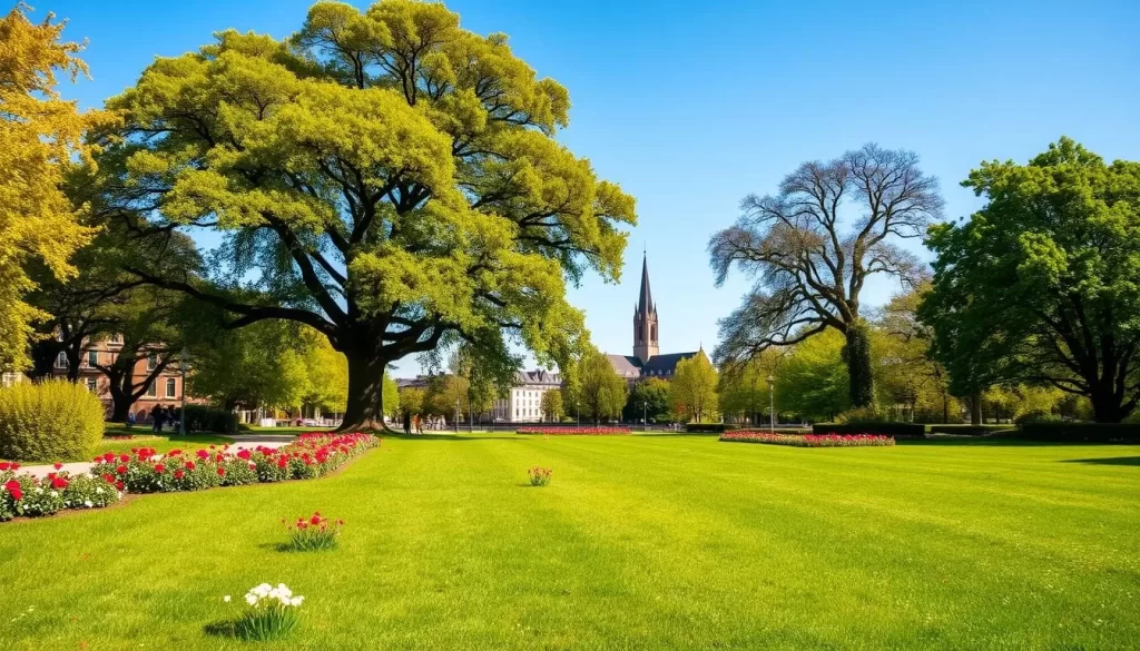 A lush and verdant park in Mons, Belgium, on a sunny spring day. The foreground features a well-manicured lawn dotted with blooming flowers in vibrant hues. In the middle ground, towering oak trees cast dappled shadows across the path, inviting visitors to stroll leisurely. The background showcases the distant skyline of historic Mons, with its iconic belfry and church spires standing tall against a clear, azure sky. The scene exudes a sense of tranquility and relaxation, capturing the essence of the city's green spaces. Crisp, natural lighting highlights the rich greens and warm textures, creating an inviting and serene atmosphere.