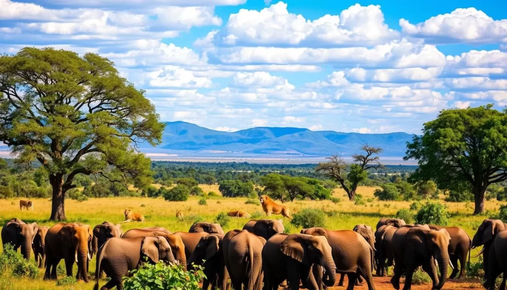 A lush and vibrant Tarangire National Park in Tanzania, teeming with an abundance of wildlife on a beautiful sunny day. In the foreground, a herd of elephants majestically roams, their trunks swaying as they graze. In the middle ground, a pride of lions rests in the shade of a towering acacia tree, their golden coats shimmering in the warm light. In the background, rolling savannas and distant mountains create a stunning landscape, the sky a brilliant blue dotted with fluffy white clouds. Capture the essence of this captivating African wilderness, with a sense of peace and tranquility that invites the viewer to experience the best time to visit Tarangire.