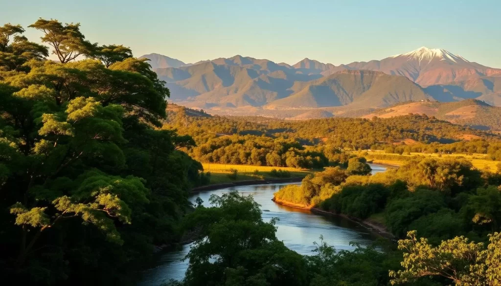 A lush, expansive landscape of Oti-Kéran National Park, Togo. In the foreground, a serene, winding river glistens under the warm, golden sunlight. Towering, verdant trees line the riverbanks, their branches swaying gently in the breeze. In the middle ground, rolling hills and dense, verdant foliage create a picturesque backdrop, dotted with the occasional grazing wildlife. The background is dominated by majestic, rugged mountains, their peaks capped with a dusting of snow, casting long shadows across the scene. The overall mood is one of tranquility and natural wonder, inviting the viewer to discover the beauty and richness of this protected wilderness.