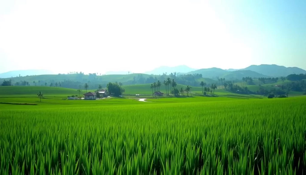 A lush, expansive paddy field in Perlis, Malaysia, stretching out under a bright, azure sky. In the foreground, neat rows of emerald green rice plants sway gently in the warm breeze. The middle ground reveals a picturesque village nestled among the verdant fields, its red-roofed houses and winding paths creating a serene, pastoral scene. In the distance, rolling hills dotted with palm trees form a hazy, undulating backdrop, bathed in the soft, golden light of the afternoon sun. The landscape exudes a tranquil, idyllic atmosphere, inviting the viewer to immerse themselves in the scenic beauty of Perlis' renowned paddy fields.