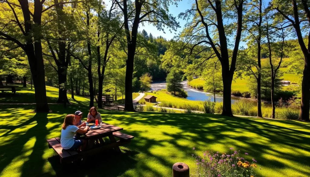 A lush green picnic area at Quechee State Park, Vermont, with tall trees providing dappled shade. A family gathers at a wooden table, enjoying a delicious al fresco meal. The scene is bathed in warm, golden afternoon light, with a gentle breeze rustling the leaves. In the background, the winding Ottauquechee River sparkles under a clear blue sky. Colorful wildflowers dot the well-manicured lawn, inviting visitors to linger and savor the serene, pastoral ambiance.
