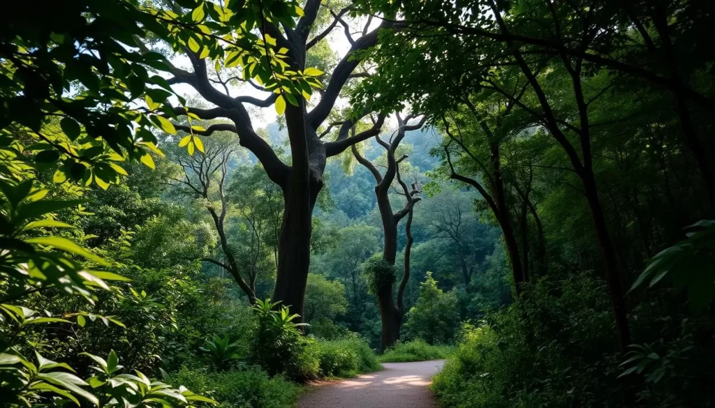 A lush jungle canopy casts dappled light upon the winding trail of Similajau National Park. In the foreground, vibrant foliage surrounds the path, hinting at the verdant abundance that lies ahead. The middle ground reveals towering trees, their twisted trunks and sprawling branches creating a dramatic, natural architecture. Further back, the deep green hues of the forest stretch towards the horizon, creating a sense of depth and mystery. Soft, diffused lighting filters through the leaves, casting a warm, inviting glow over the entire scene. The atmosphere is one of tranquility and adventure, perfectly capturing the essence of a jungle trekking experience in this Malaysian national park.
