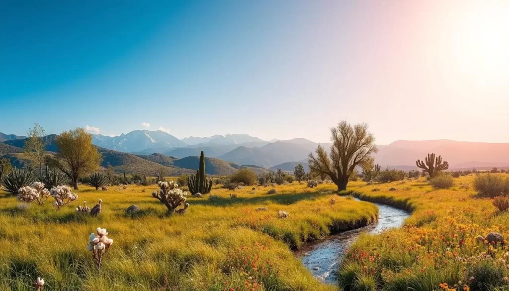 A lush meadow of verdant grasses and vibrant wildflowers stretches out beneath a clear azure sky. In the middle distance, rolling hills dotted with blooming yucca plants and prickly pear cacti rise up. Majestic mountains, their peaks capped with snow, loom on the horizon, bathed in the warm, golden light of the spring sun. A gentle breeze rustles the branches of the towering cottonwood trees that line a winding stream in the foreground. The serene, tranquil atmosphere captures the essence of New Mexico's natural beauty awakening after the winter months.