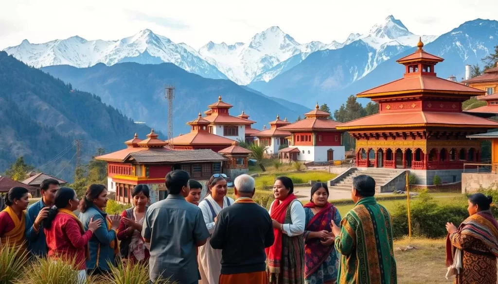 A lush, mountainous landscape in Arunachal Pradesh, India, showcasing the diversity of Tibeto-Burman languages. In the foreground, a group of people in traditional attire converse animatedly, their gestures and expressions reflecting the richness of their linguistic heritage. The middle ground features vibrant houses and temples, adorned with intricate carvings and colorful textiles. In the background, snow-capped peaks rise majestically, creating a picturesque backdrop for this linguistic tapestry. The scene is bathed in warm, golden light, conveying a sense of harmony and cultural celebration.