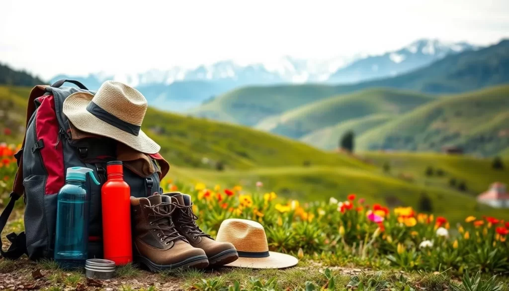 A lush, mountainous landscape in Tajikistan on a pleasant spring day. In the foreground, a backpack and hiking gear - sturdy boots, a warm jacket, a sun hat, and a water bottle - arranged neatly, reflecting the diverse climate and terrain. The middle ground shows rolling hills dotted with vibrant wildflowers, with snow-capped peaks in the distance. Soft, even lighting illuminates the scene, creating a serene and inviting atmosphere. The composition emphasizes the importance of packing thoughtfully for Tajikistan's varied weather conditions, from chilly mountain air to sunny, mild days.