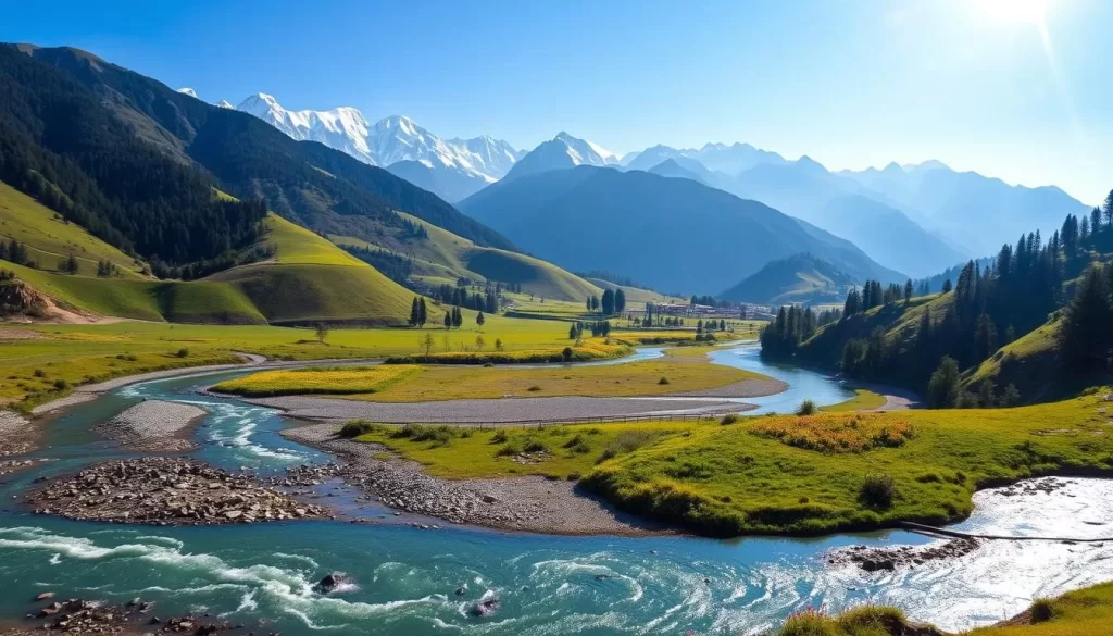 A lush, panoramic landscape of Jammu Kashmir, India, showcasing its breathtaking natural beauty. In the foreground, a winding river flows gently, its crystal-clear waters reflecting the surrounding mountains. Rolling green hills and picturesque meadows fill the middle ground, dotted with colorful wildflowers. In the background, snow-capped peaks reach towards the heavens, their majestic presence commanding awe and wonder. Warm, diffused sunlight bathes the scene, creating a serene and inviting atmosphere. The image conveys the essence of Jammu Kashmir as a true paradise on Earth, a place of unparalleled natural splendor and tranquility.