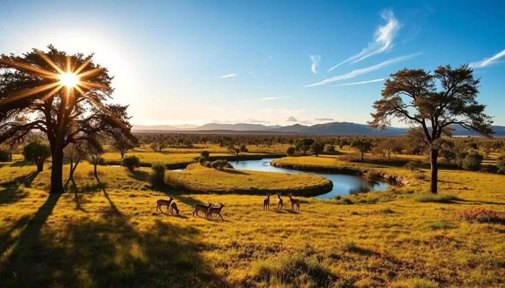 A lush, private game reserve nestled within the vast expanse of the Masai Mara. Towering acacia trees cast long shadows across a sun-dappled savanna, where a herd of graceful gazelles graze peacefully. In the middleground, a winding river reflects the azure sky, its banks dotted with vibrant wildflowers. On the horizon, rolling hills rise, capped with wispy clouds. The scene is bathed in warm, golden light, exuding a serene, relaxed atmosphere. A professional wildlife photographer captures this idyllic moment with a wide-angle lens, showcasing the natural beauty and exclusivity of this private conservancy.