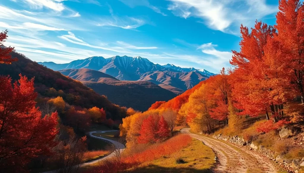 A lush, rolling landscape in the heart of Gyeonggi Province, South Korea, bathed in the warm glow of autumn. In the foreground, a winding path meanders through a tapestry of golden and crimson foliage, inviting the viewer to explore. Towering, majestic mountains rise in the distance, their peaks capped with a dusting of fresh snow. A gentle breeze rustles the vibrant leaves, creating a soothing symphony. The sky is a brilliant azure, with wispy clouds drifting lazily overhead, casting soft shadows across the scene. Peaceful and serene, this tranquil landscape captures the essence of autumn in Gyeonggi Province, a perfect setting for a weather-savvy trip.
