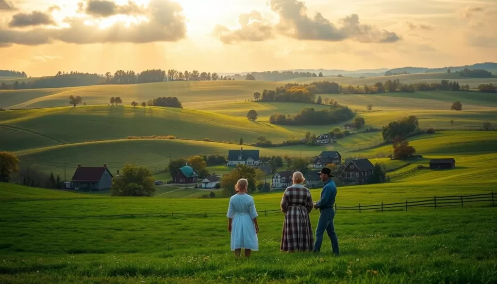 A lush, rolling landscape of picturesque Pennsylvania farmland, with a charming village nestled amidst the verdant fields. In the foreground, a group of Pennsylvania Dutch farmers dressed in traditional garb converse animatedly, their dialect echoing the historic Germanic influences that have shaped the region. Warm, golden sunlight filters through wispy clouds, casting a soft, nostalgic glow over the scene. In the background, the distinctive architecture of Pennsylvania Dutch barns and homes stand as a testament to the enduring cultural heritage of this unique linguistic community.